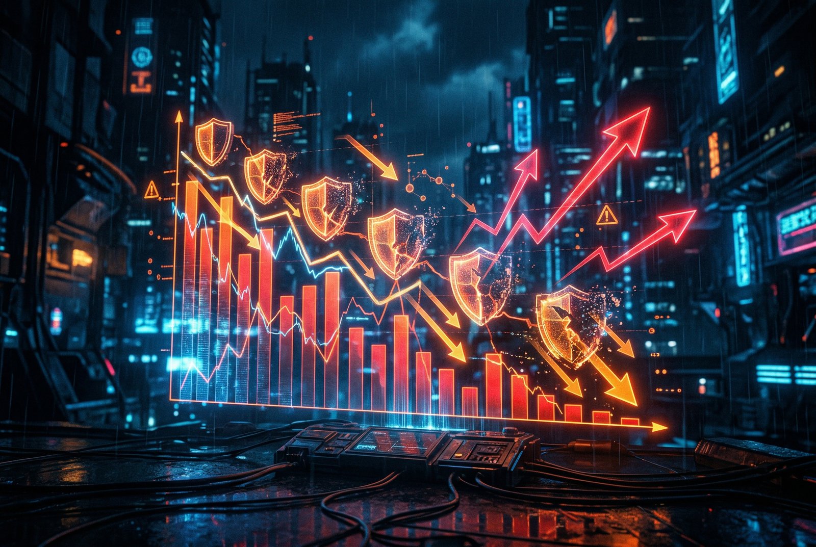 Cyberpunk visualization of declining cybersecurity investment with weakening shield icons