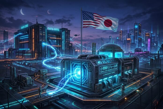 Small modular reactor with data centers and US-Japan flags
