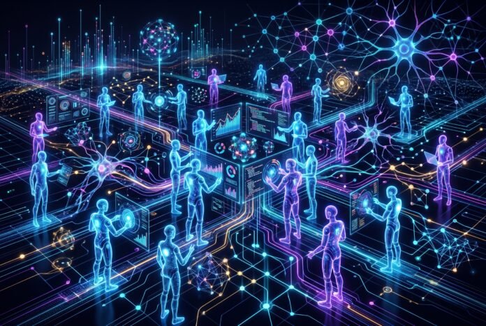 Cyberpunk visualization of AI agent swarm collaborating in digital workspace