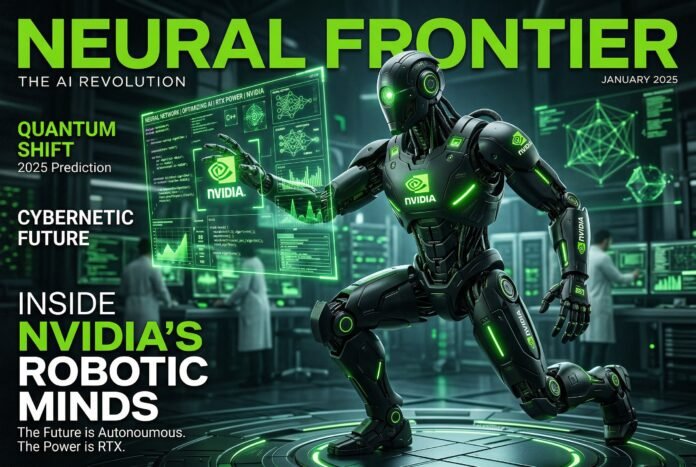 Cyberpunk humanoid robot with NVIDIA green accents