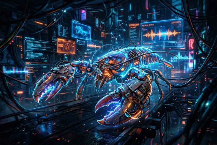 Cyberpunk lobster with video screens and music waveforms