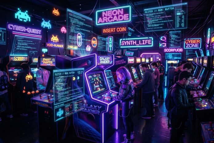 Cyberpunk arcade with neon lights and code displays