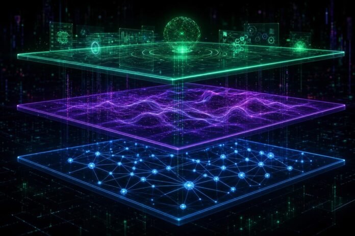 Cyberpunk visualization of three layered data architecture planes representing knowledge graph, personal memory layer, and autonomous agent execution
