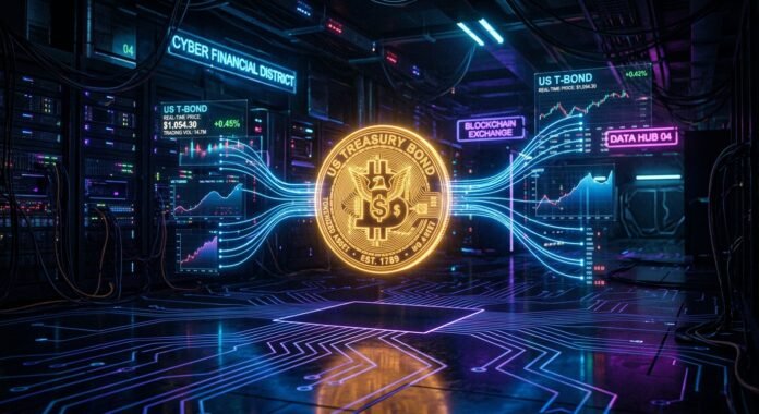 IMF Tokenization Roadmap 2026: Holographic tokenized asset in a cyberpunk data center