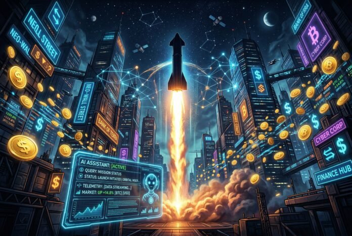 SpaceX rocket launching with banking skyscrapers and AI hologram