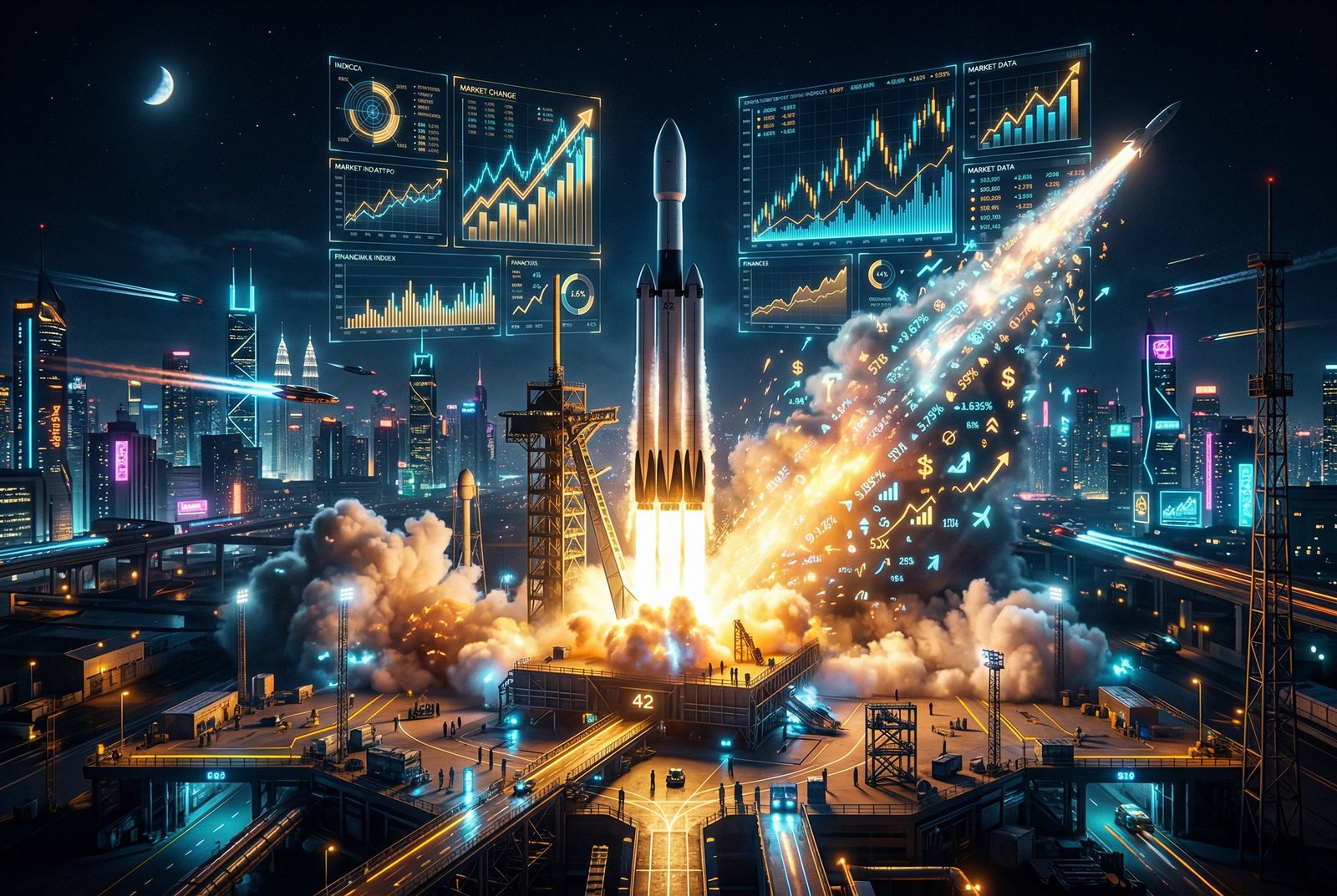 Holographic financial charts floating above rocket launch pad