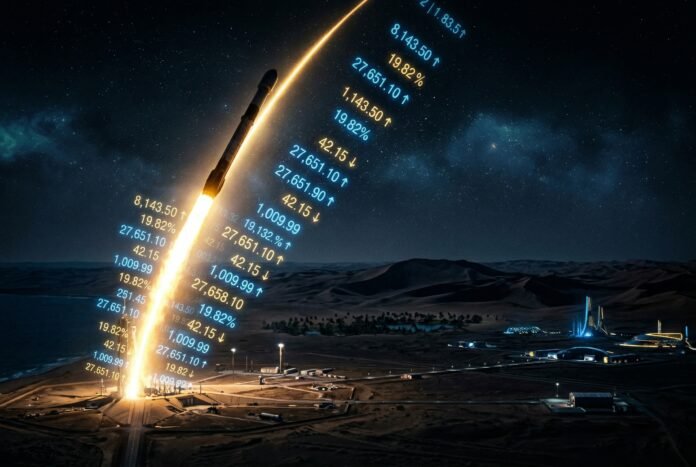 SpaceX rocket launch with Saudi investment holographic overlay