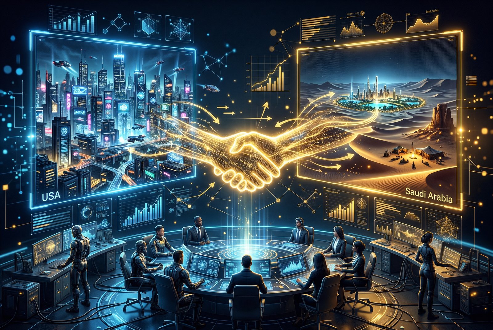 Holographic handshake between US technology and Saudi Arabian investment