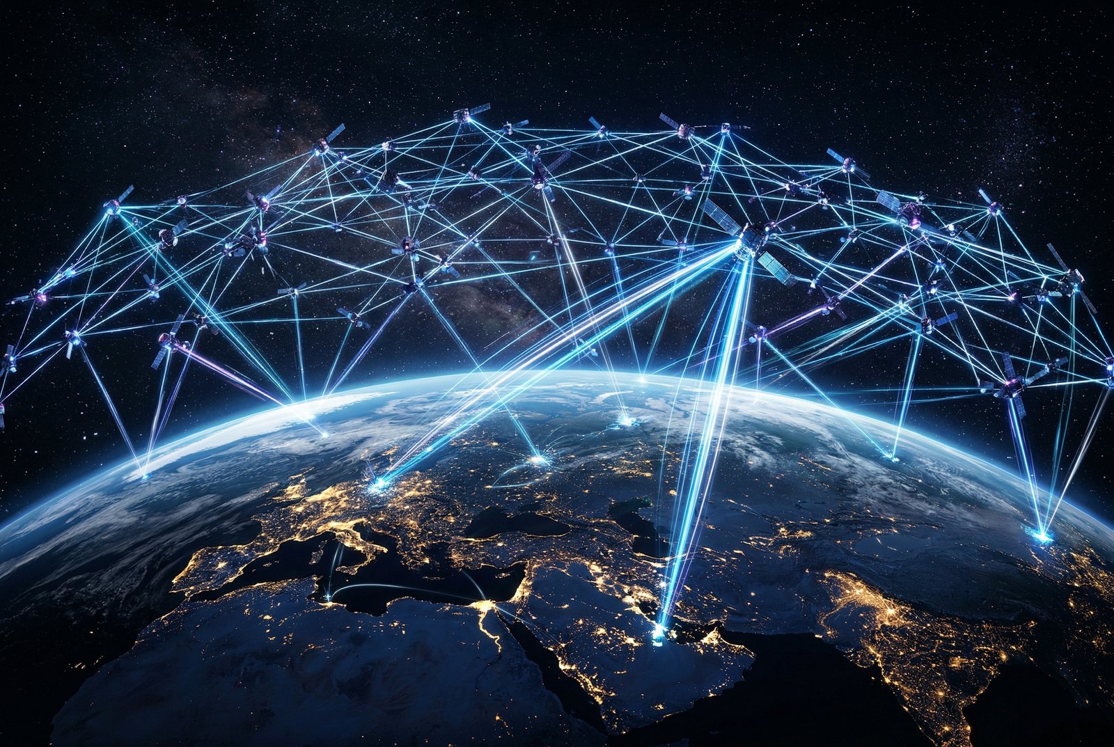 Starlink satellite constellation beaming data to ground stations from orbit
