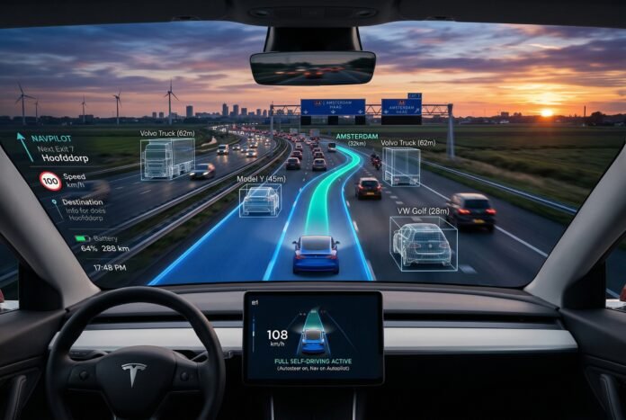 Tesla Full Self-Driving sensor visualization with lane detection