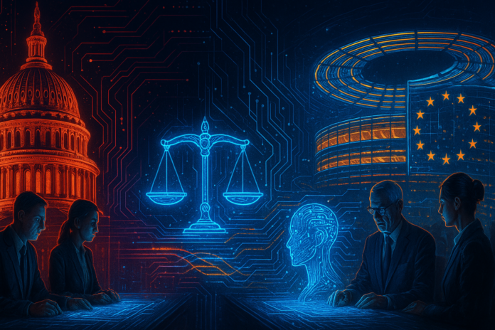 LLM-generated cyberpunk split of US & EU AI policymakers