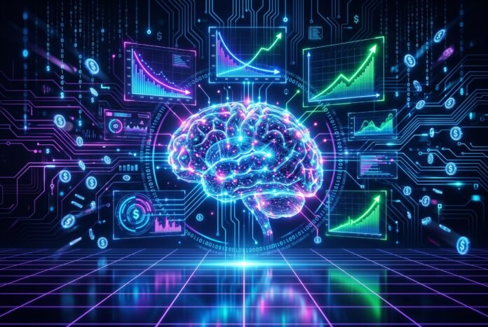 Cyberpunk visualization of AI neural network with cost efficiency graphs and data streams