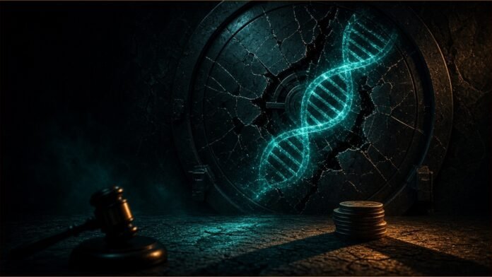 Illustration of a glowing DNA helix inside a cracked vault with a gavel and a stack of coins in front