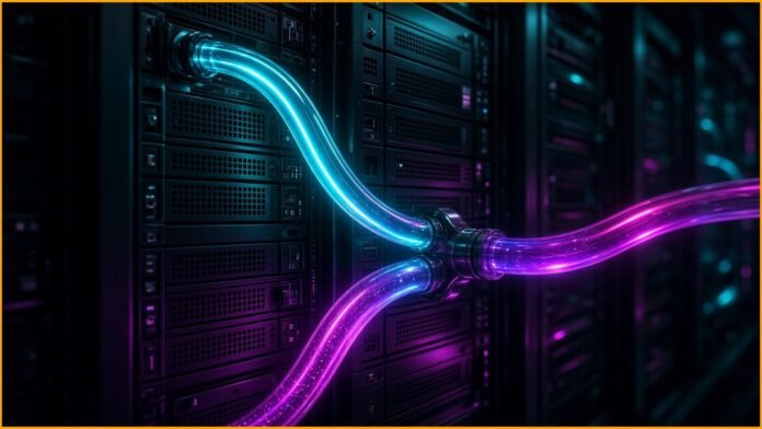 Blue and teal coolant streams merging into one loop winding through a circuit-line server rack