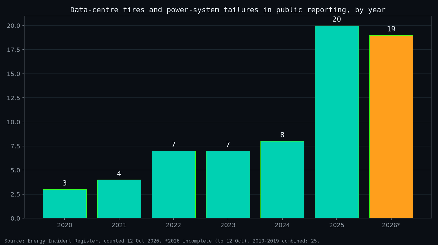 Bar chart: data-centre fires and power-system failures in public reporting by year, 2020 to 2026. 2020: 3, 2021: 4, 2022: 7, 2023: 7, 2024: 8, 2025: 20, 2026 (to 12 Oct): 19. Source: Energy Incident Register.