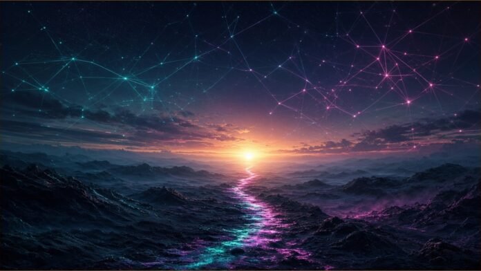 a16z Renames Crypto Fund a16z Frontier, Adds AI | TSN Illustration of a glowing path crossing dark terrain towards a bright dawn horizon, with faint network lines across the sky