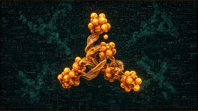 AI-Edited Antibody Bound IL-6 13x Tighter in Lab | TSN Illustration of a glowing amber protein model of clustered beads and ribbons, with one bead set slightly apart, against a teal molecular haze