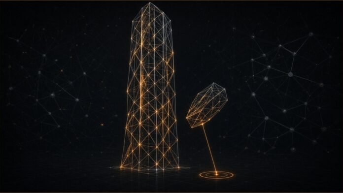 Accenture Explores Greater China Sale up to $1.5bn | TSN Illustration of a glowing wireframe tower with one section breaking away, still tethered to a small ring, against a network of nodes.