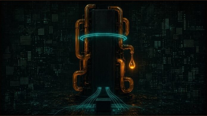 Acuity to Buy Leak Detector Parameter for $675m | TSN Illustration of a dark rack-like column wrapped in amber pipes with a single amber droplet forming at a joint and a teal sensor ring around it