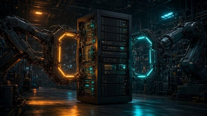 Adani and Jabil Plan a 50:50 AI Hardware Venture in India Two interlocking half-rings around a server rack inside a dotted outline
