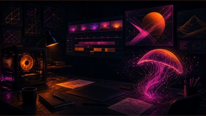 Layered creative app panels for image, timeline and 3D texture fused to a compact compute brick