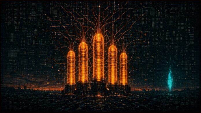 Illustration of five glowing amber energy cells sending light into a power network at dusk, beside a small fading cyan flame