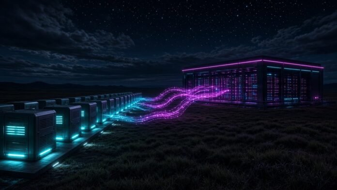 Rows of glowing fuel-cell blocks on a windswept plain at dusk sending current to distant server monoliths