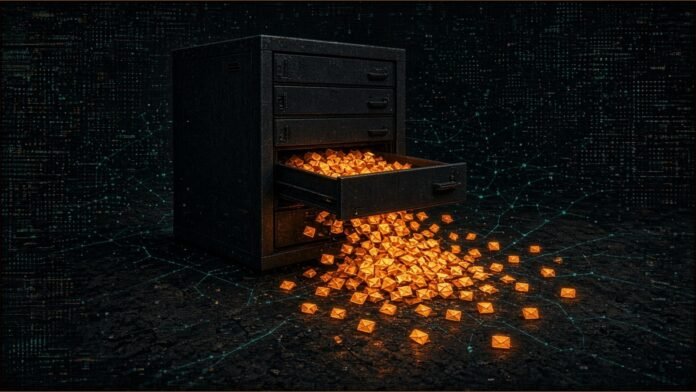 Illustration of glowing amber envelope shapes spilling from an open drawer onto a dark floor