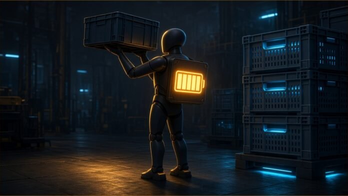 Illustration of a faceless humanoid robot lifting a tote beside stacked bins, a glowing battery on its back.