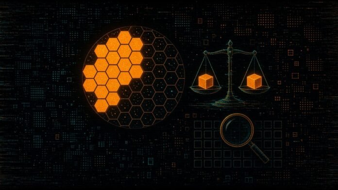 A star-field disc of hexagon tiles, two-thirds glowing and one-third dotted outlines, beside a wobbling balance scale with two cubes and a magnifier over an incomplete grid.
