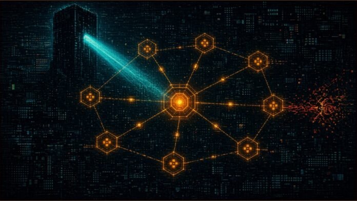 What Are AI Agent Swarms? An Explainer | TSN Illustration of a glowing amber core node directing a ring of smaller agent nodes passing packets of light, with one node at the edge breaking out of line
