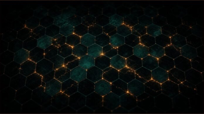 Illustration of AGIBOT Worken concept in teal and amber: a teal hexagonal lattice with amber pulses travelling along its edges.