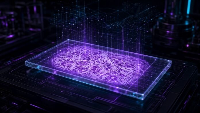 Agilent to Buy AI Pathology Firm Proscia for $240M in Cash Microscope slide dissolving into a glowing AI grid of tissue cells