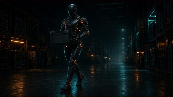 Bipedal robot silhouette stepping onto a stock ticker rail toward a warehouse rack