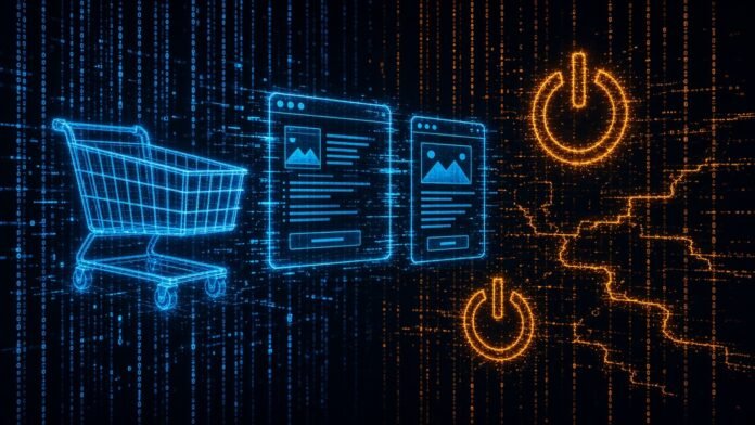 Wireframe shopping cart and order screens fading to power-off symbols