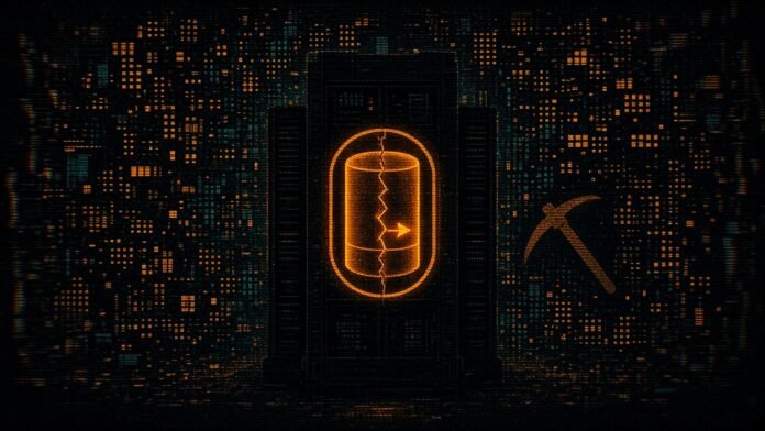 Symbol-only illustration of a dark server-rack silhouette with a glowing cyan backup-cylinder glyph cracked through, a small magenta terminal-prompt glyph slipping through and an orange pickaxe glyph hovering beside it.