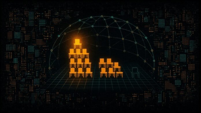 Firms That Adopt AI Hire More Senior Staff: What the Stanford–King's 41-Country Study Actually Found Two stacks of chairs, the senior stack rising with a glow while the junior row stays level with one chair in faint outline, under an arc of network nodes.