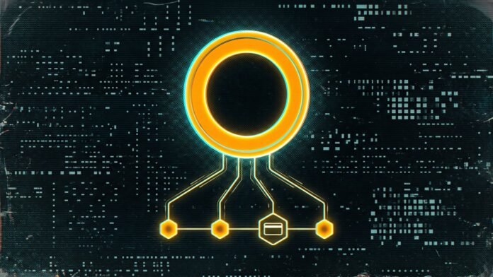 Four small amber hexagonal nodes, one marked with a card outline, are wired to a single large glowing ring on a dark grid of teal digital patterns.