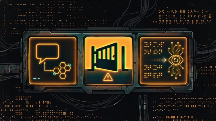 Three glowing amber panels on a dark circuit wall show a speech bubble feeding into linked hexagons, a gate swinging shut above a warning triangle, and a block of code with an arrow pointing to a circuit-style eye.