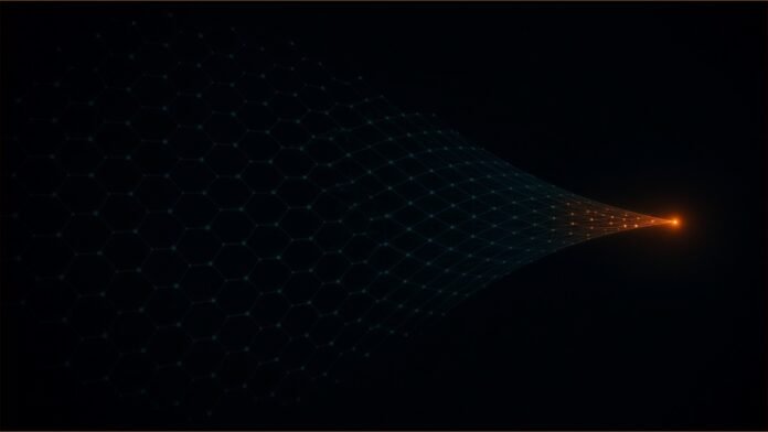 AI Helped Find a New Antibiotic, Abaucin | TSN Illustration of a funnel-shaped network of dim hexagonal nodes narrowing to a few amber nodes and one bright amber point