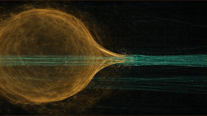 Illustration of AI bubble bailout concept in teal and amber: a swelling translucent amber sphere of light stretched thin against a band of teal light lines.