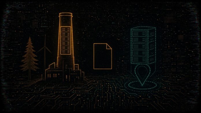 Sesterce's €10bn Finnish AI Campus Plan and Sejong's 7 Trillion Won Data-Centre MOU: What Was Actually Agreed An amber server rack rises from an old factory chimney beside a pine tree and wind turbine, facing a dashed teal rack over a location pin, with a blank document between them.
