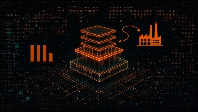 An exploded amber chip stack hovers over a circuit grid, linked by a looping arrow to a factory, beside a short bar chart whose last bar dips.