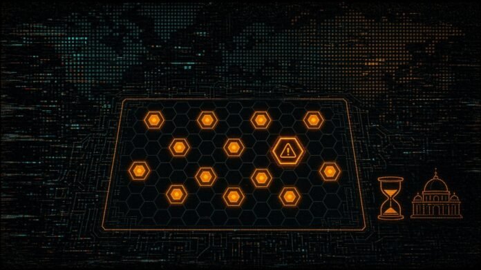 A chessboard of glowing hexagonal nodes with one flagged by a warning triangle, beside an hourglass and a domed building outline.