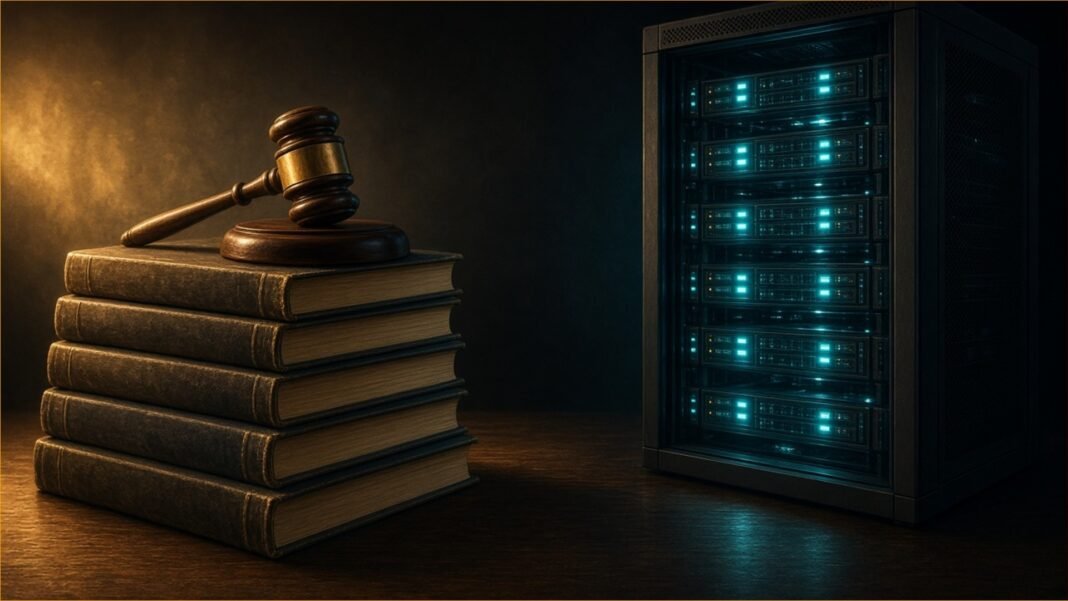 Illustration of a stack of hardback books with a gavel on top beside a glowing server rack