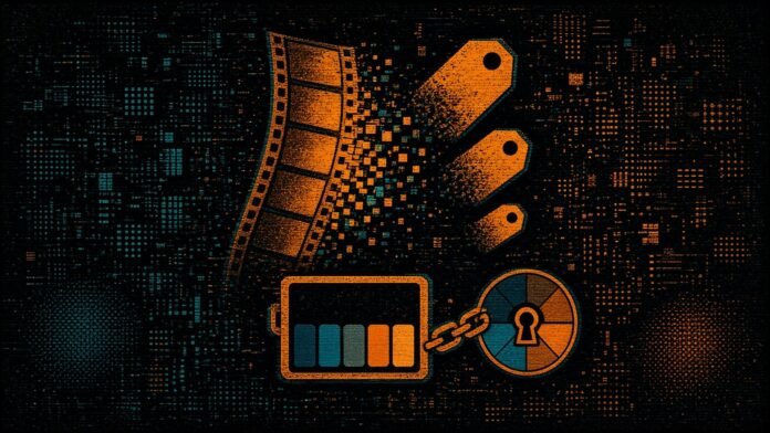 Cheaper AI Video From xAI and Vidu, Brand Kits From Magnific and ElevenLabs, and Claude Motion Exports to Runway A film strip dissolving into pixel blocks beside shrinking price tags, with a palette card chained to a locked colour wheel.