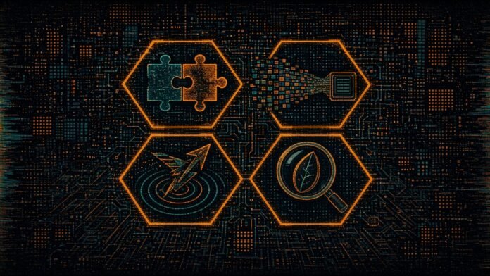 Four connected hexagonal tiles on a dark circuit-board grid showing two puzzle pieces joining, code blocks stretching across a chip, an arrow launching from concentric rings and a seed under a magnifying lens.