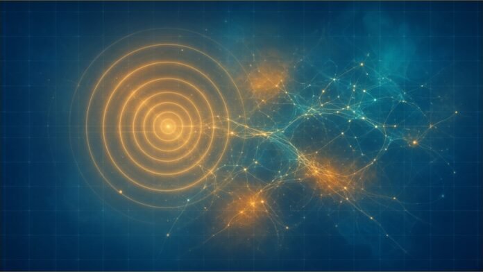 Illustration of glowing amber concentric rings feeding a branching network of fine luminous lines over a blue grid