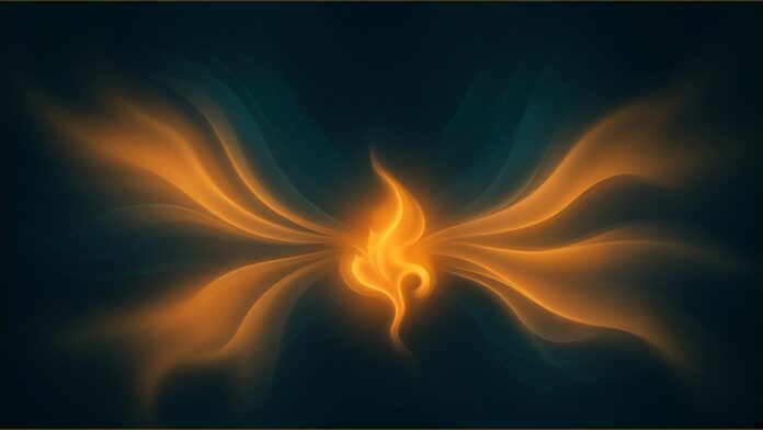 Illustration of AI for educators concept in teal and amber: a central amber flame of light sending soft amber ribbons outwards in curves that bloom into a warm haze, with faint teal arcs behind.