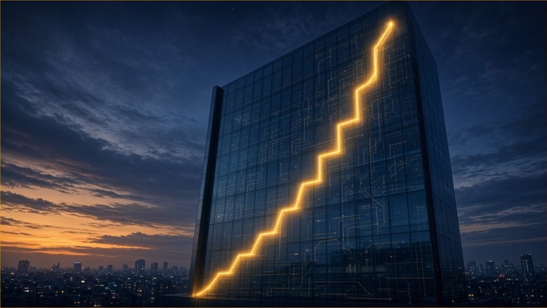 Illustration of a glass office tower at dusk with a glowing line rising up its facade